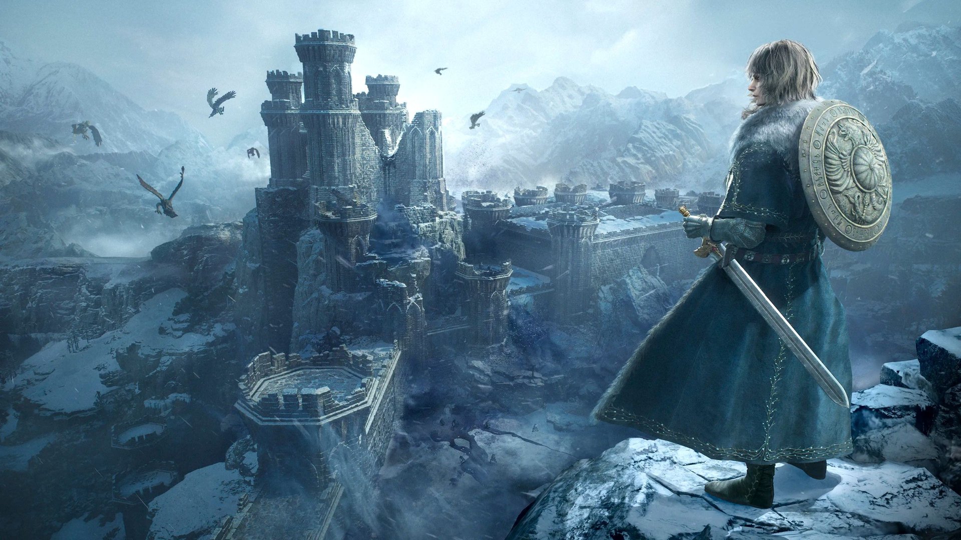 Armored knight with a sword and round shield stands on a snowy cliff gazing toward a snowbound fortress with towers as dragons fly in the cloudy sky