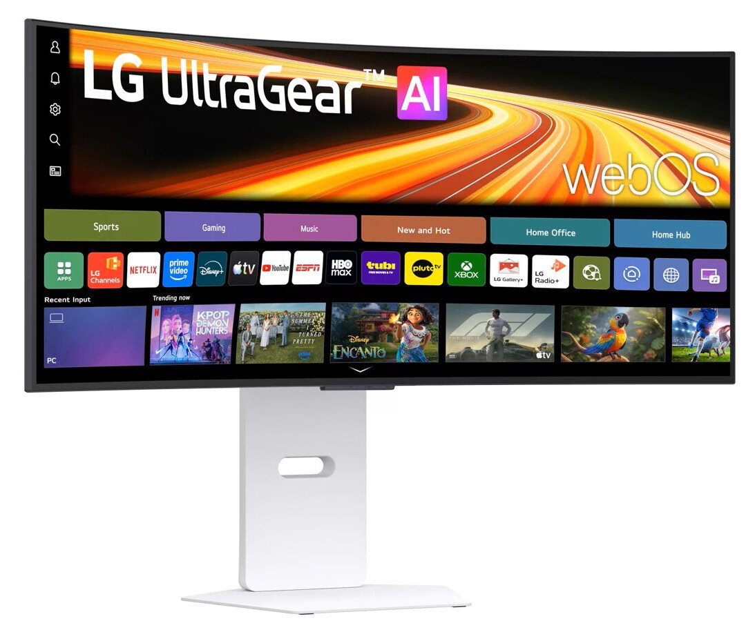 LG UltraGear AI monitor on a white stand displaying the webOS home screen with app icons and colorful tiles