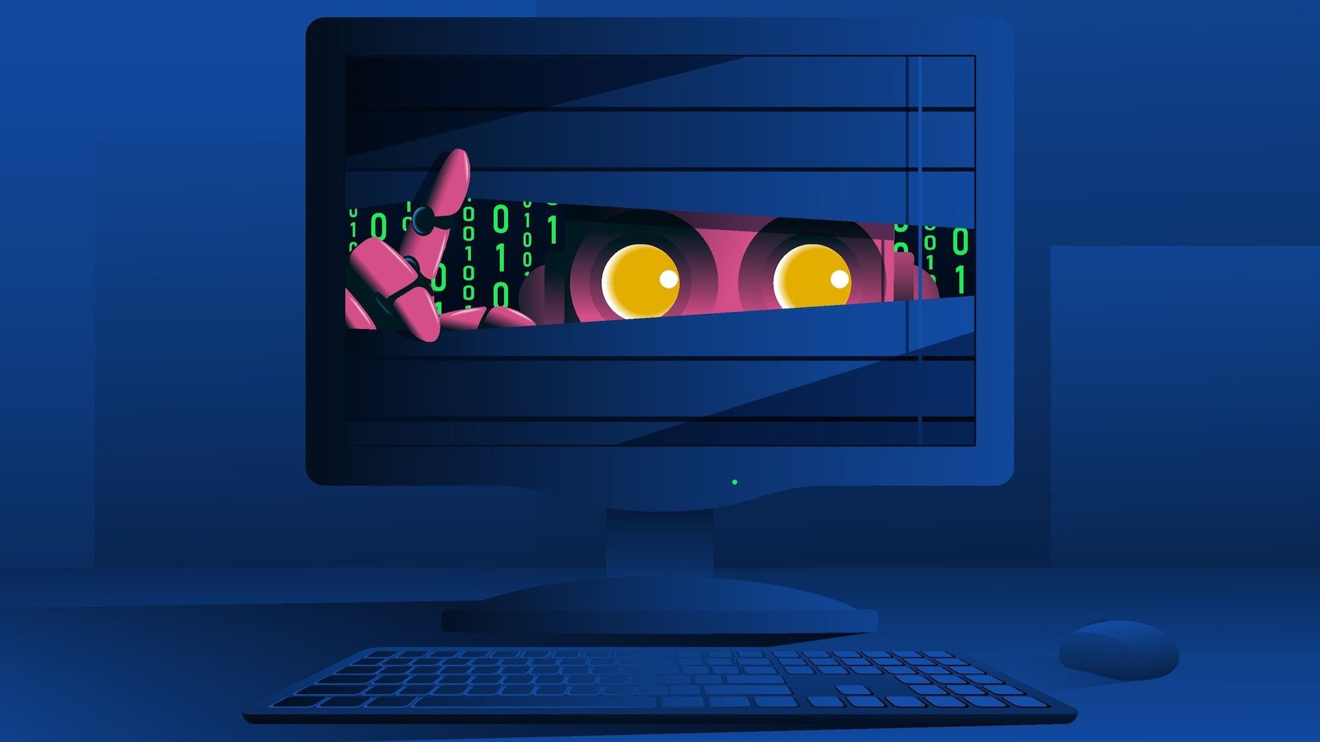 Blue computer monitor with a pink robotic hand peering through slats and green binary code in the background