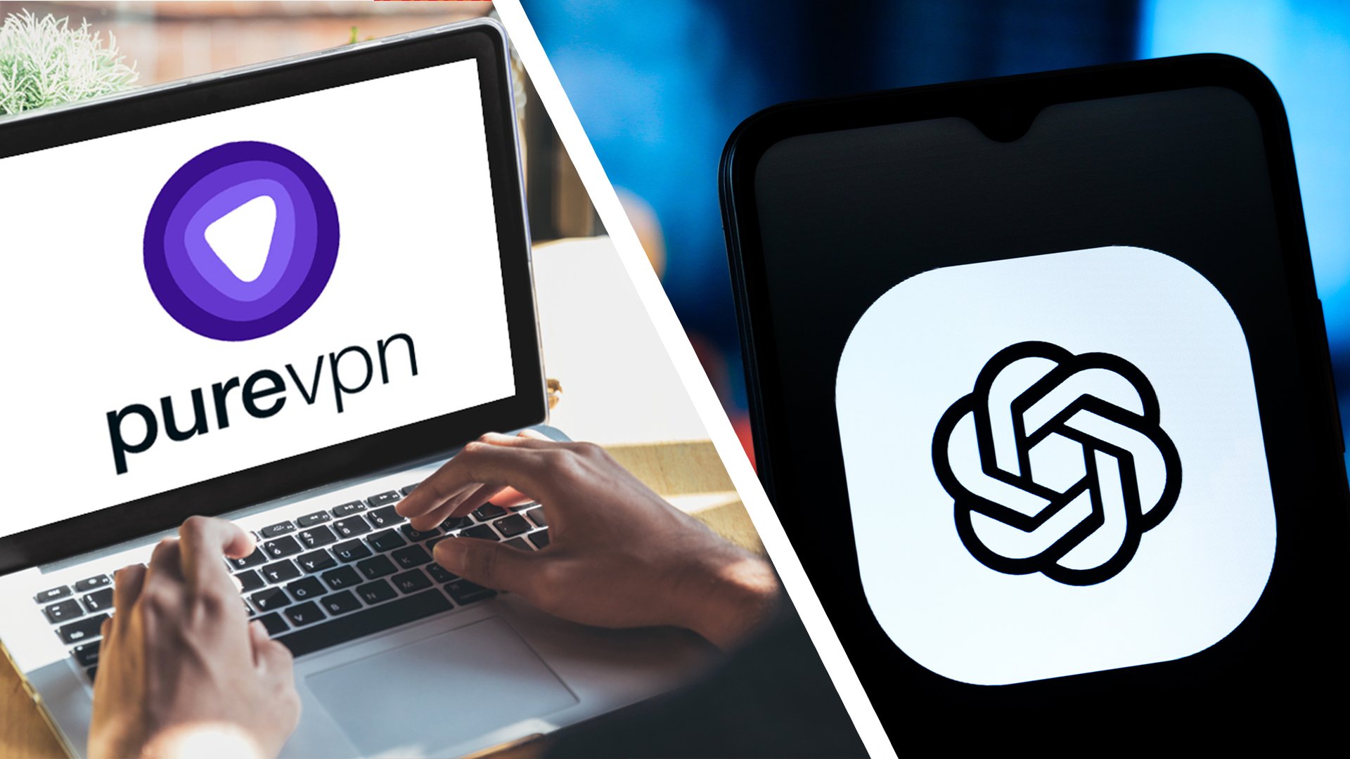 Split screen showing PureVPN on a laptop left and another VPN logo on a smartphone right divided by a white diagonal line