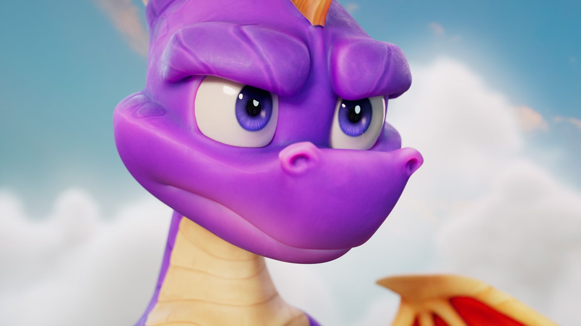 Close up of a purple cartoon dragons head with large purple eyes against a blue sky backdrop