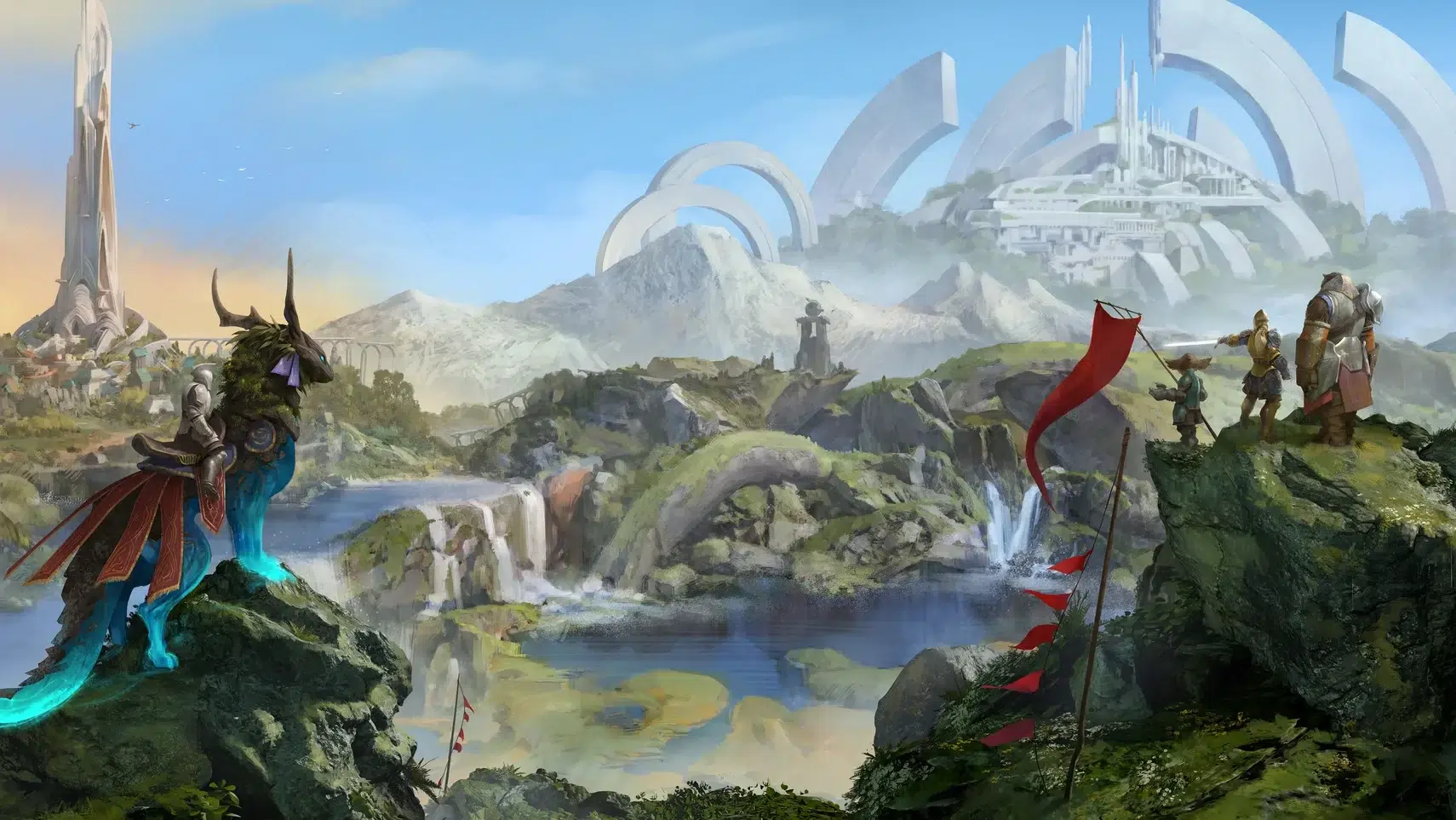Fantasy battlefield scene a knight on a glowing blue mount surveys a valley as armored warriors stand on a cliff with red banners and colossal arches loom over a distant city