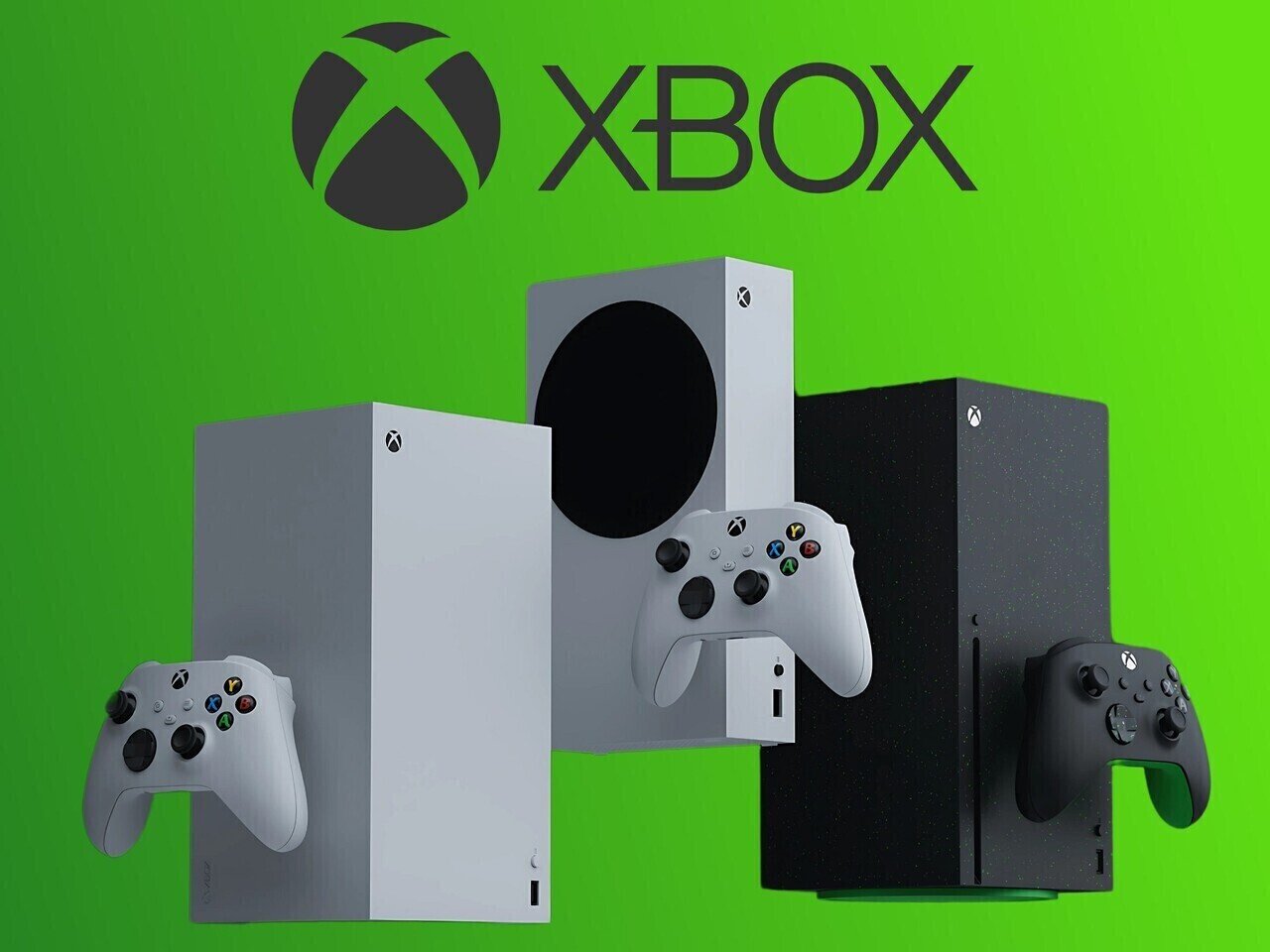 Green background with a large black Xbox logo above a lineup of Xbox consoles Series S and Series X and two white controllers on display