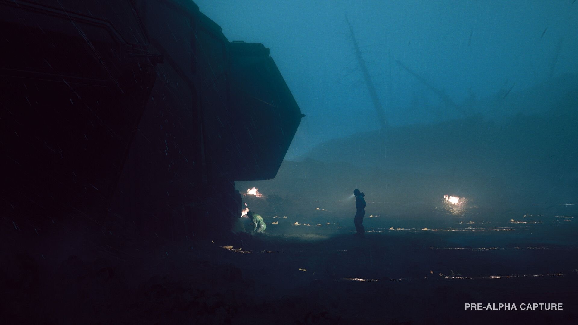 Large dark ship on a stormy shoreline with a lone figure near glowing fires