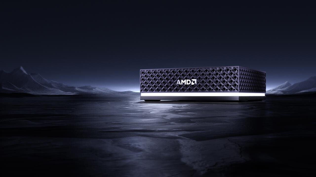 Dark icy landscape with a glowing AMD server block resting on a reflective surface