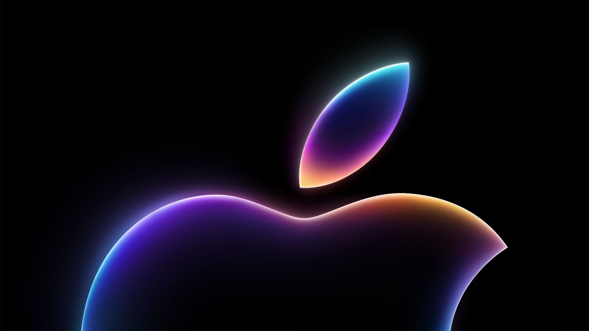Abstract dark image with glowing rainbow curved shapes a large arc at the bottom left and a leaf like teardrop above it on a black background