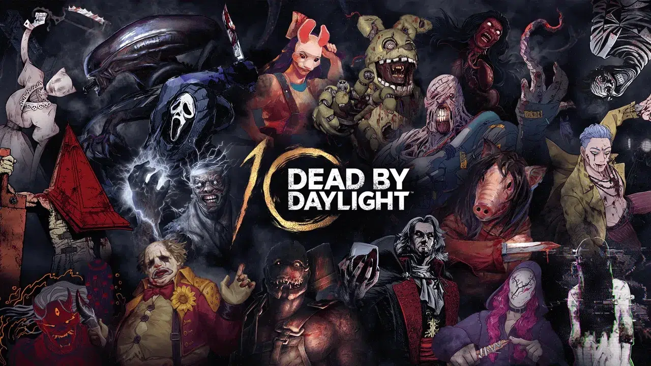 Poster for Dead by Daylight featuring numerous iconic killers surrounding the game title in a dark ominous collage
