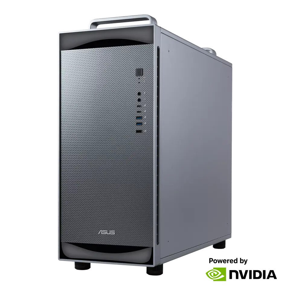 ASUS desktop PC tower with textured front panel USB ports and power button NVIDIA logo at bottom right indicating graphics backing