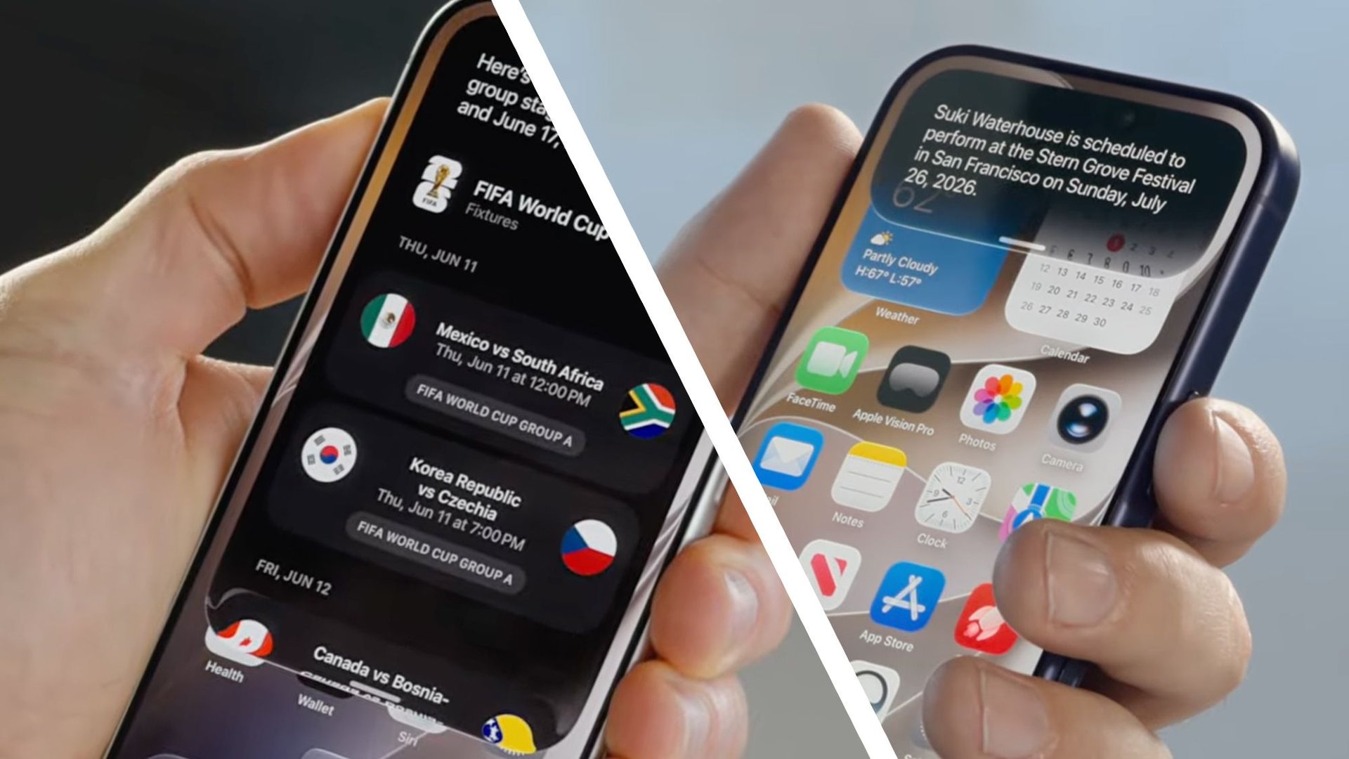 Two hands hold smartphones side by side split by a diagonal white divider left phone shows FIFA World Cup fixtures on a dark screen right phone shows a home screen with widgets and apps