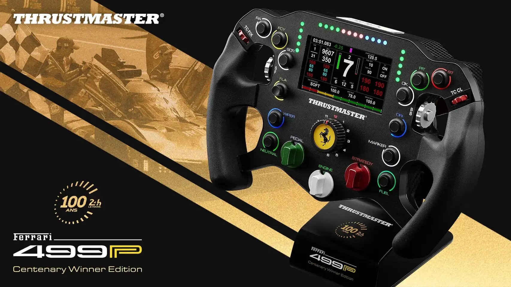 Ferrari 499P Thrustmaster racing wheel and stand Centenary Winner Edition with gold black design and branding text visible