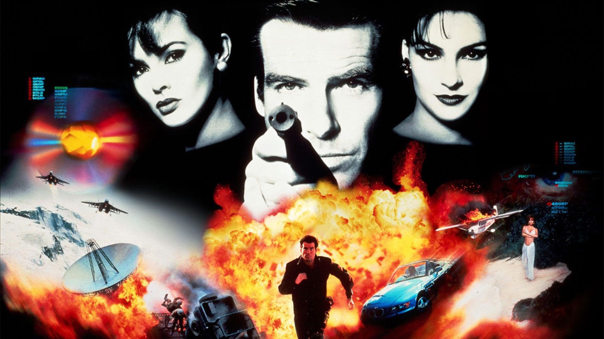 Collage style action movie poster with a man aiming a gun surrounded by explosions and grayscale portraits of two women