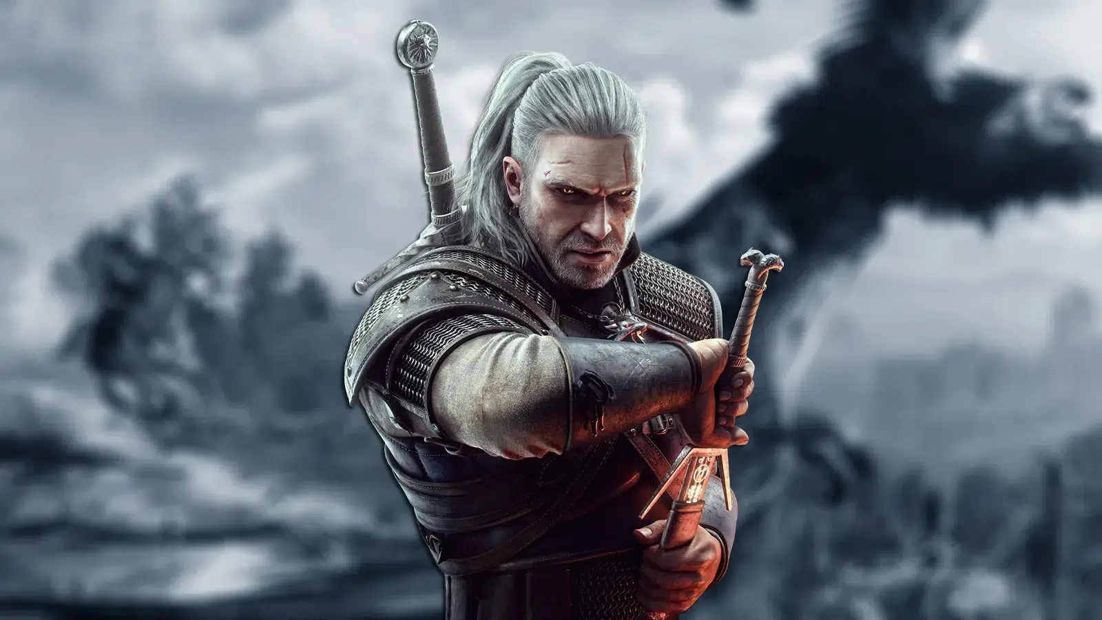Geralt of Rivia in armor gripping a drawn sword against a dark smoky battlefield backdrop