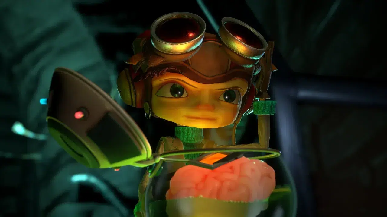 Animated young scientist with goggles peers at a brain suspended in a glass jar in a dim lab setting