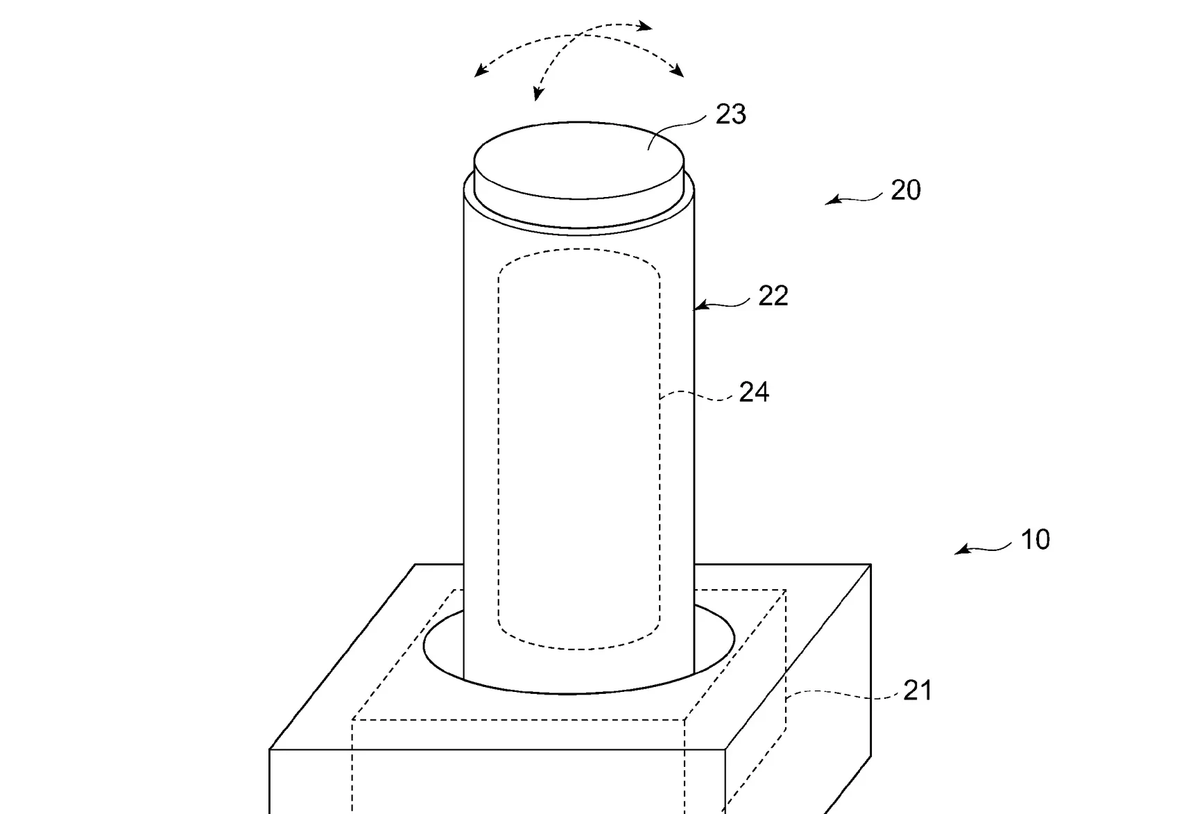 Isometric technical drawing of a vertical cylinder mounted on a rectangular base with dashed lines indicating hidden edges and numbered labels 1024 for components 2124 and 23 at the top