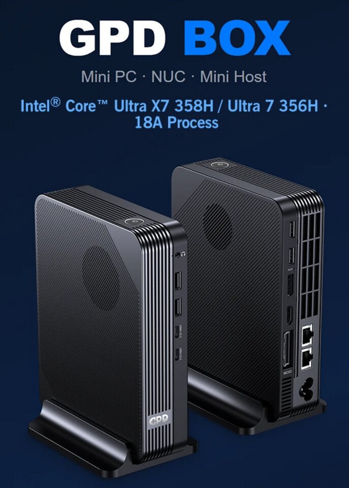 Two GPD BOX mini PCs sit on stands against a blue background advertising Intel Core X7 358H356H and 18A with visible USB and HDMI ports on the sides and front