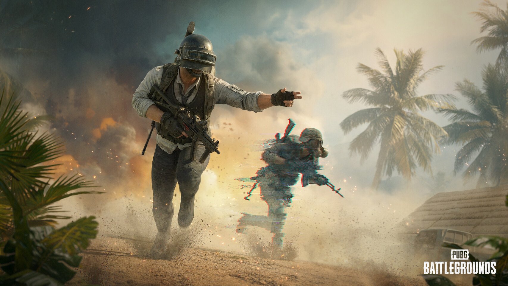 Two soldiers sprint through a tropical battlefield with smoke and debris one shouting or signaling as a companion follows PUBG BATTLEGROUNDS logo bottom right
