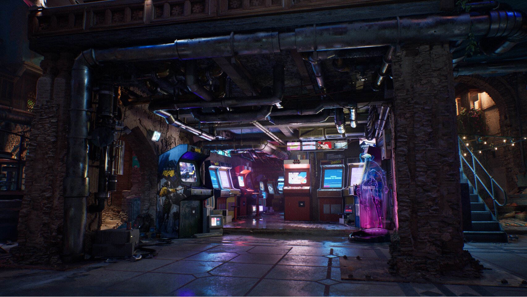 Dim arcade alley in a rocky underground room illuminated by neon screens of vintage arcade cabinets and exposed plumbing overhead
