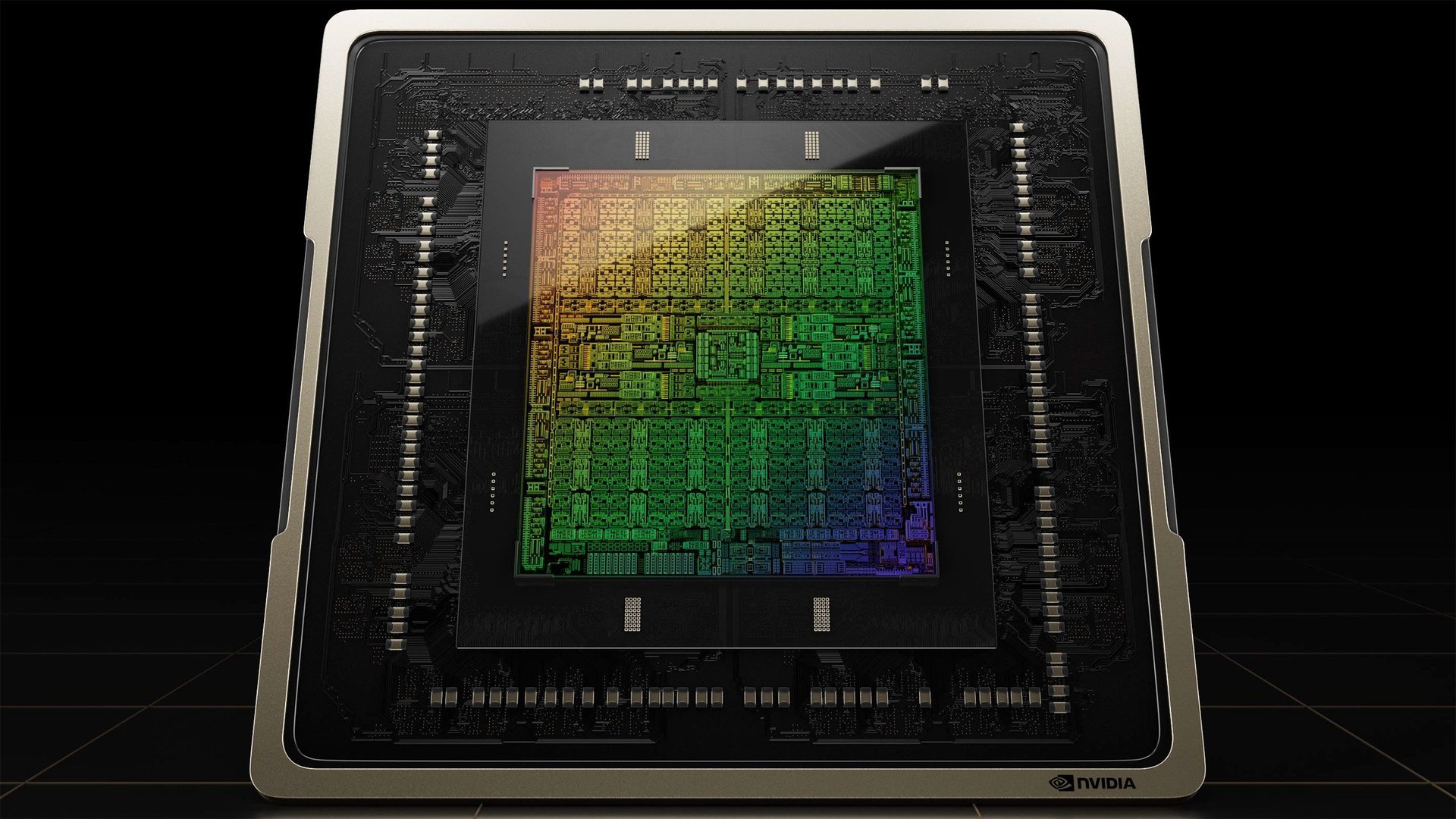 Close up of a rainbow tinted GPU die mounted inside a dark motherboard enclosure Nvidia logo visible at the bottom right