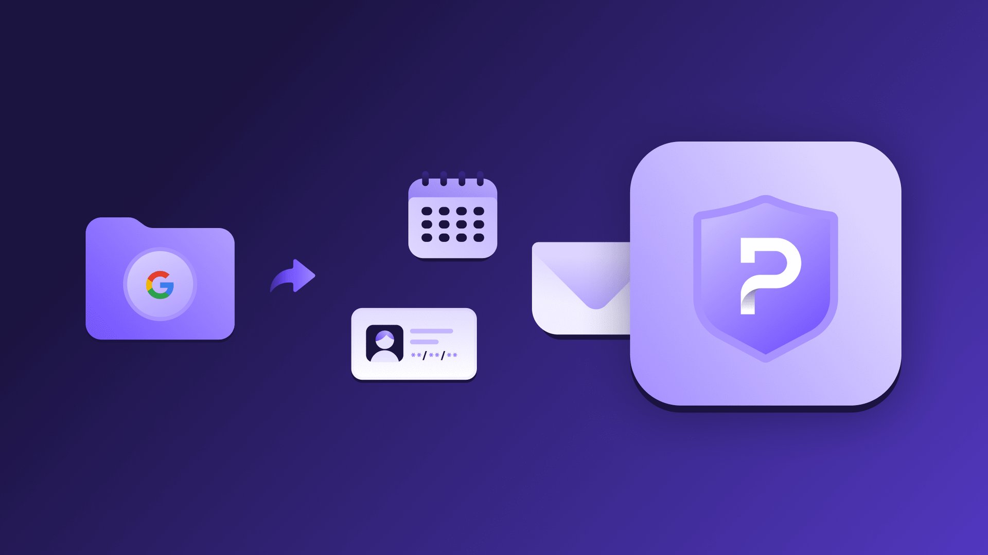 Illustration of digital identity and security icons on a purple gradient background a Google app folder a calendar an ID card an envelope and a large shield with a white P glow in the background
