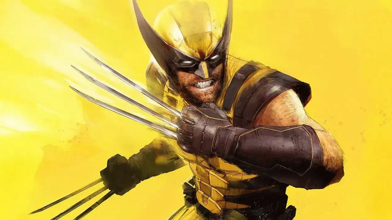Wolverine in yellow suit charging with extended metal claws against a yellow background ready to strike