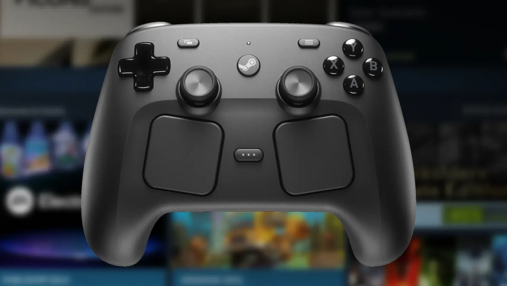 Close up of a black game controller showing two analog sticks D pad four action buttons ABXY and a central Steam button