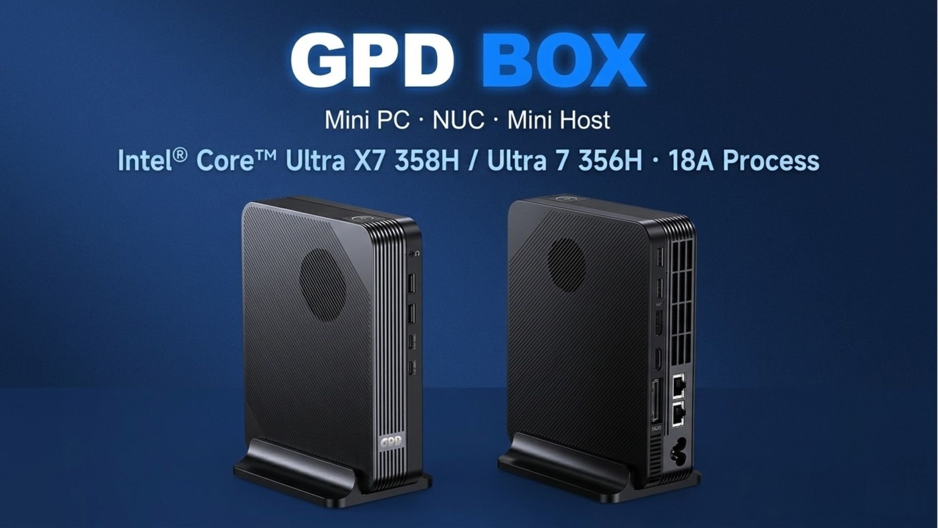 Two GPD BOX mini PCs on a blue backdrop showing front and side views with GPD BOX branding above and processor text