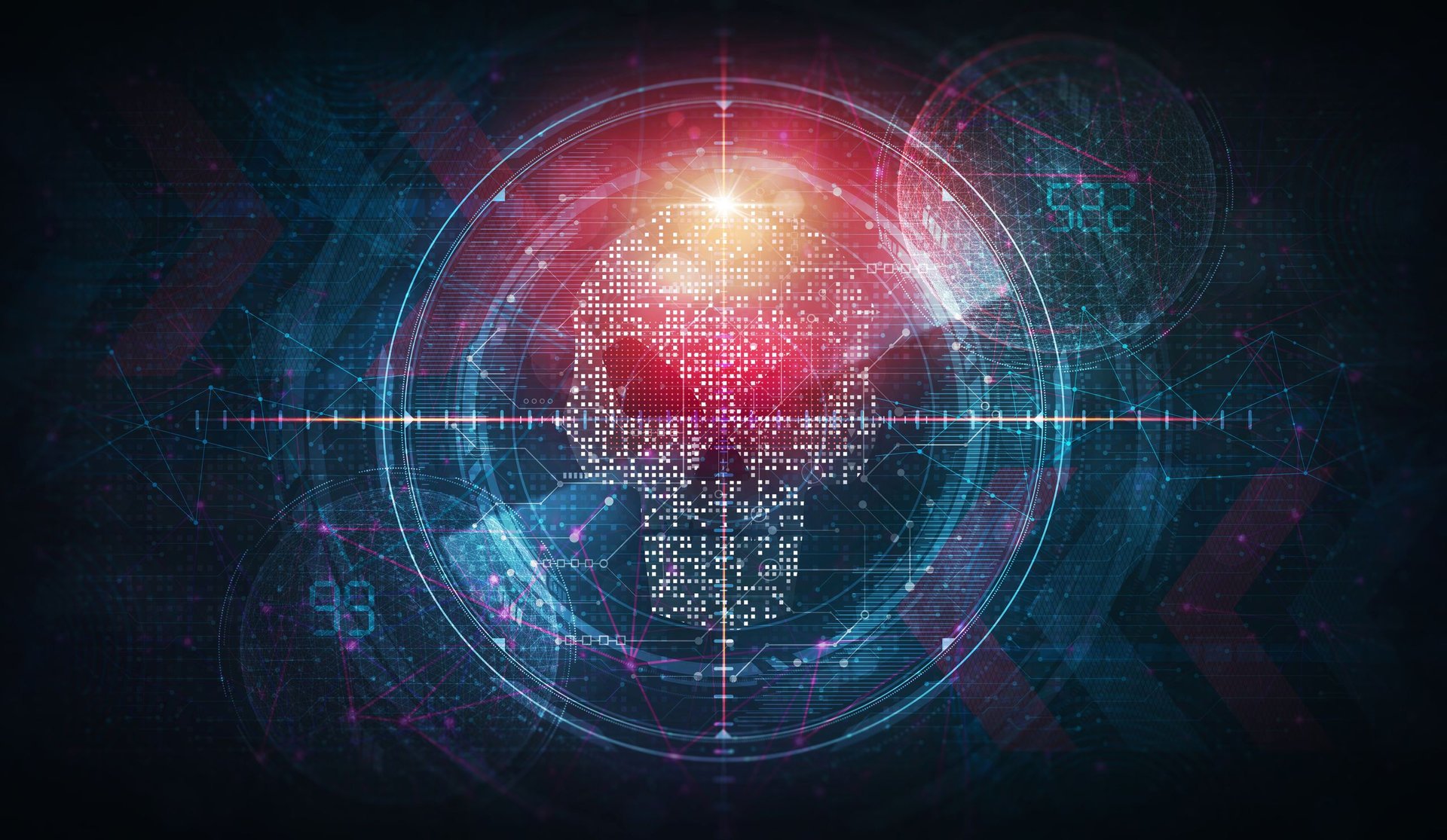 Abstract digital head made of glowing dots and circuitry inside a circular radar like frame symbolizing AI and data processing