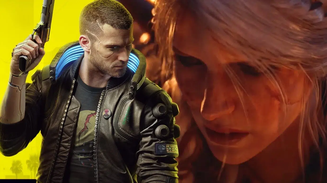 Cyborg man in a leather jacket raises a pistol neon yellow background with a large faded image of a womans face on the right