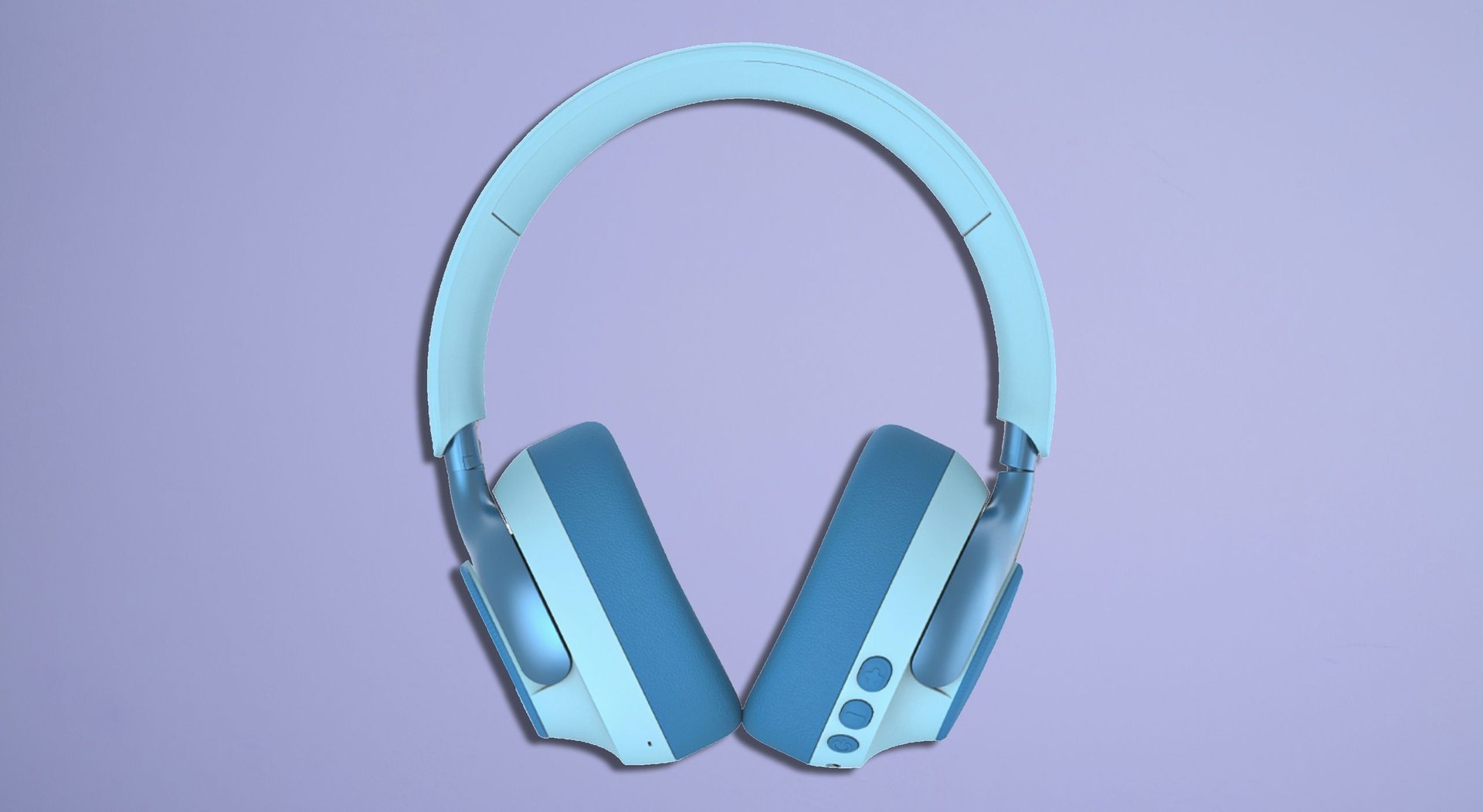 Blue over ear headphones on a lavender background product photography style