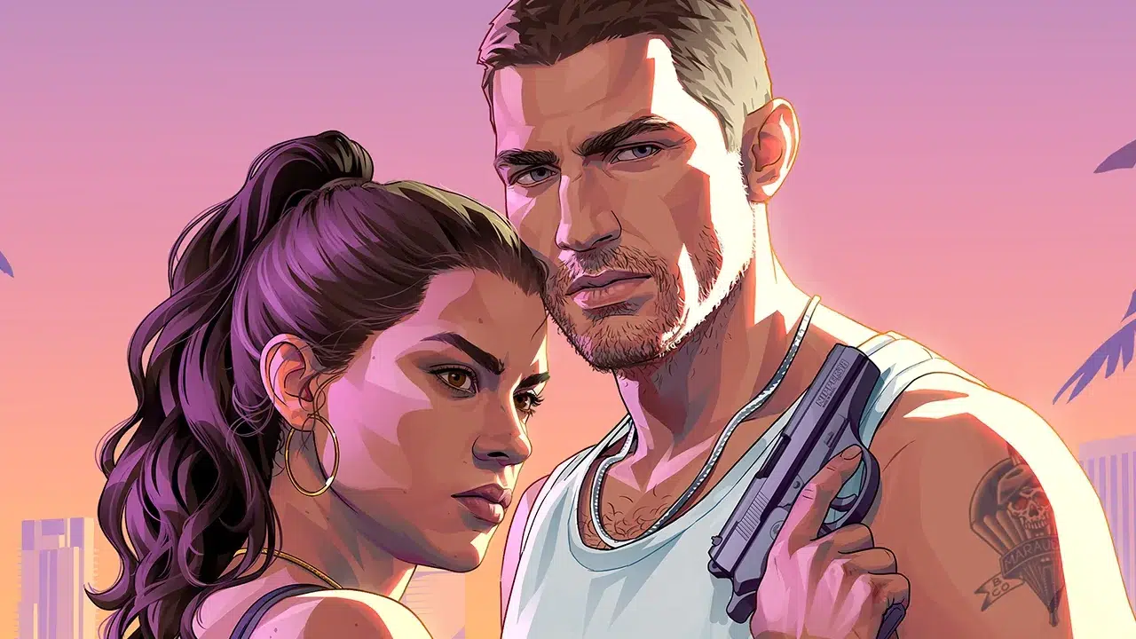 Couple in a tense sunset lit scene man with a beard holds a handgun beside a determined woman with a ponytail City skyline behind them