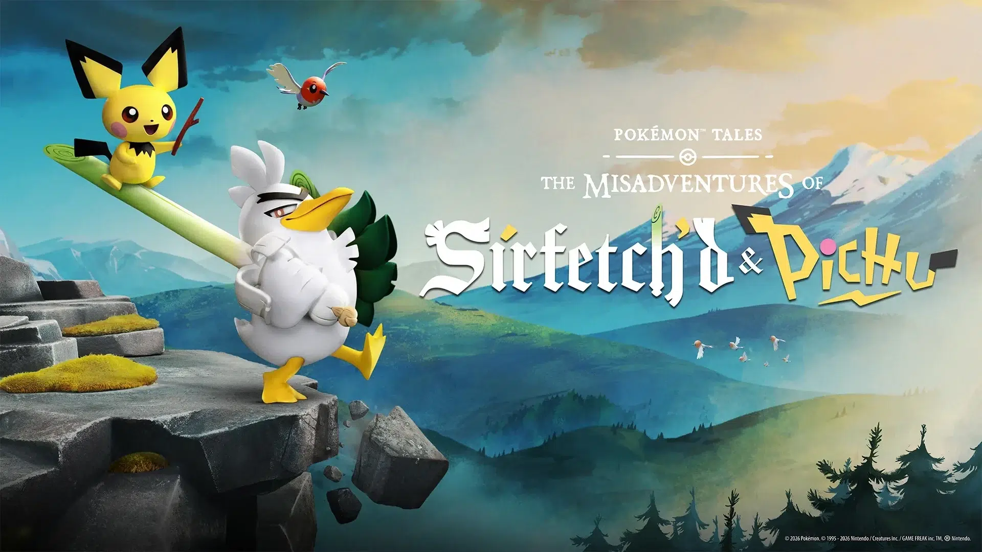Pikachu riding a large leek on a rocky ledge with Sirfetchd beside set against a mountain landscape