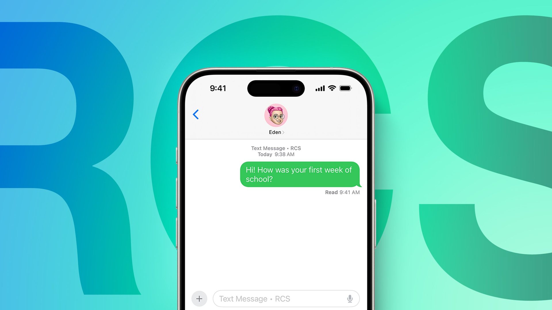 Close up of an iPhone screen displaying an iMessage chat with Edens avatar green bubble text reads Hi How was your first week of school Read receipt shows