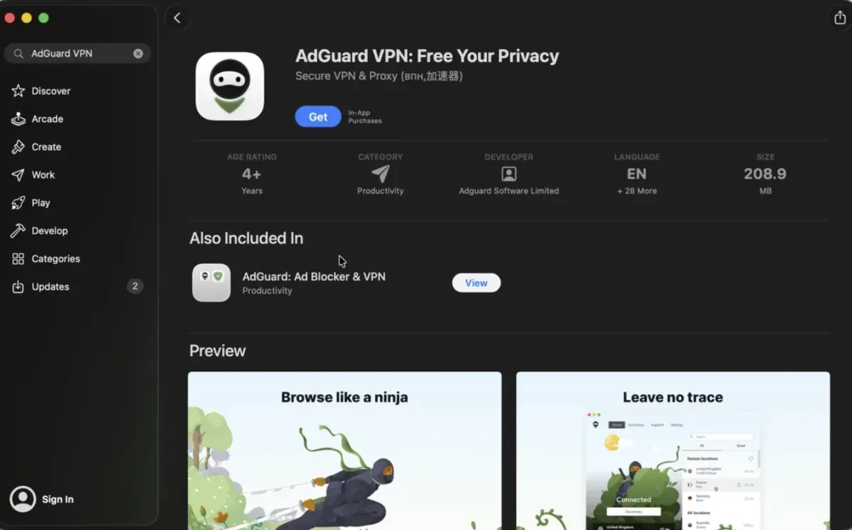 Изображение к статье: AdGuard VPN вышел в Mac App Store, но без пары функций