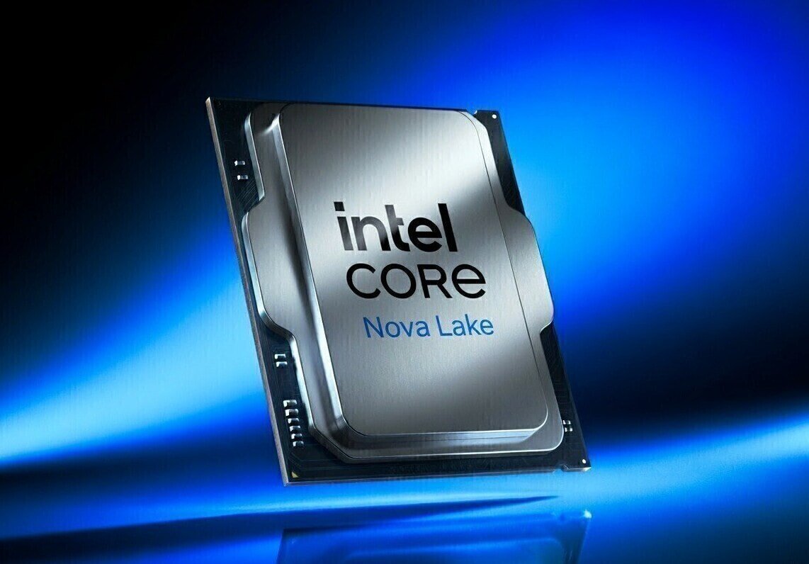 Intel Core Nova Lake processor chip angled against a blue background informative CPU image