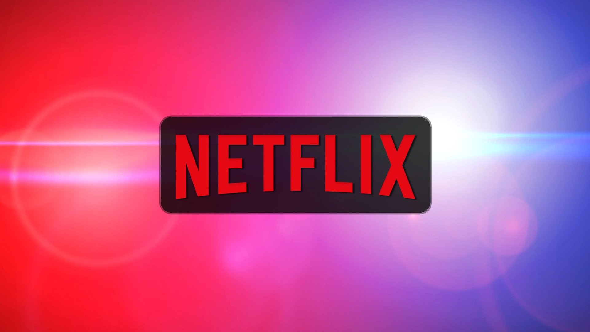 Netflix logo red NETFLIX wordmark on a dark rounded rectangle against a red to blue gradient background with lens flare