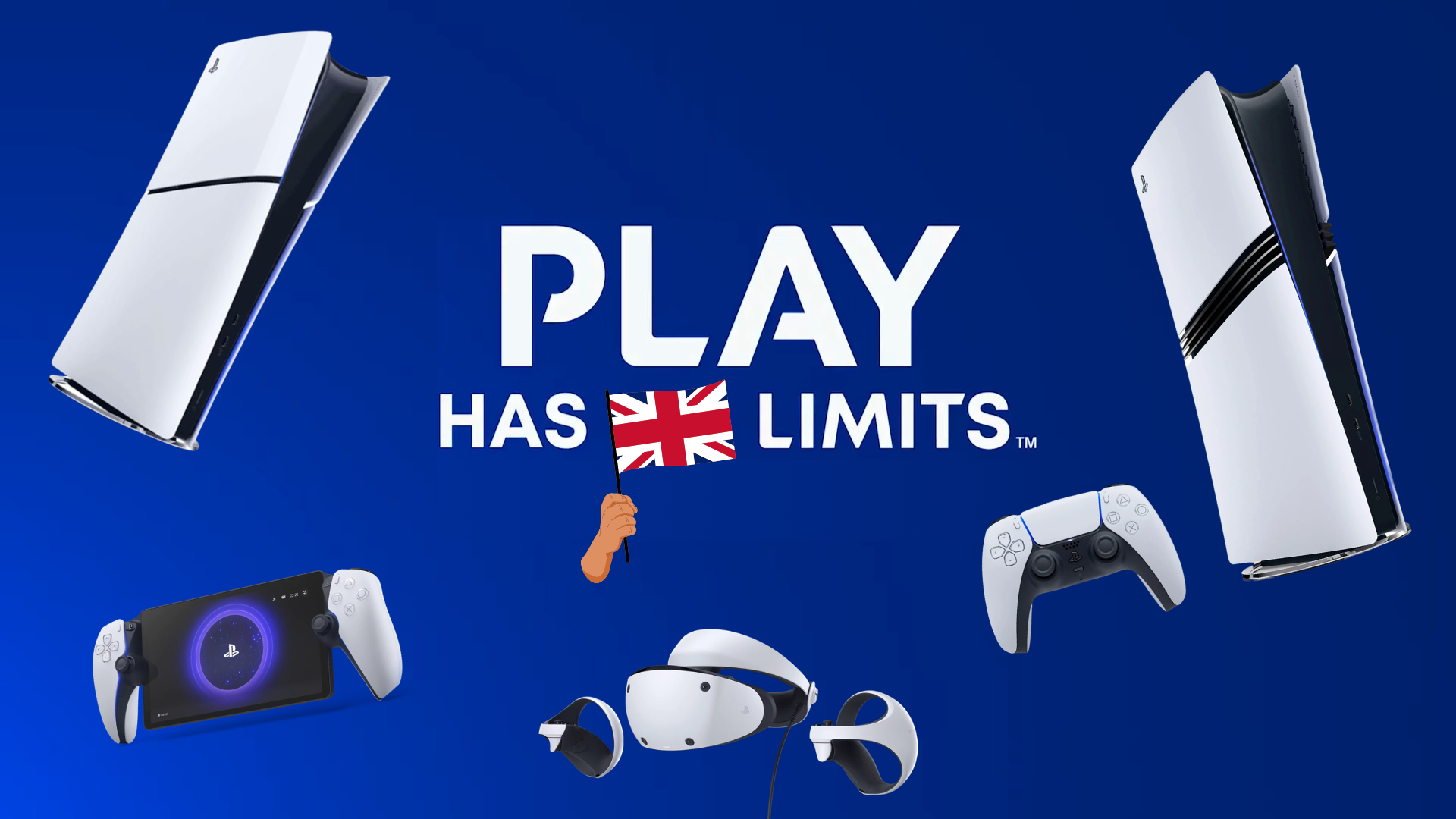 Promotional PlayStation banner with PS5PS4 devices VR headset controllers on a blue background and the text PLAY HAS NO LIMITS with a UK flag