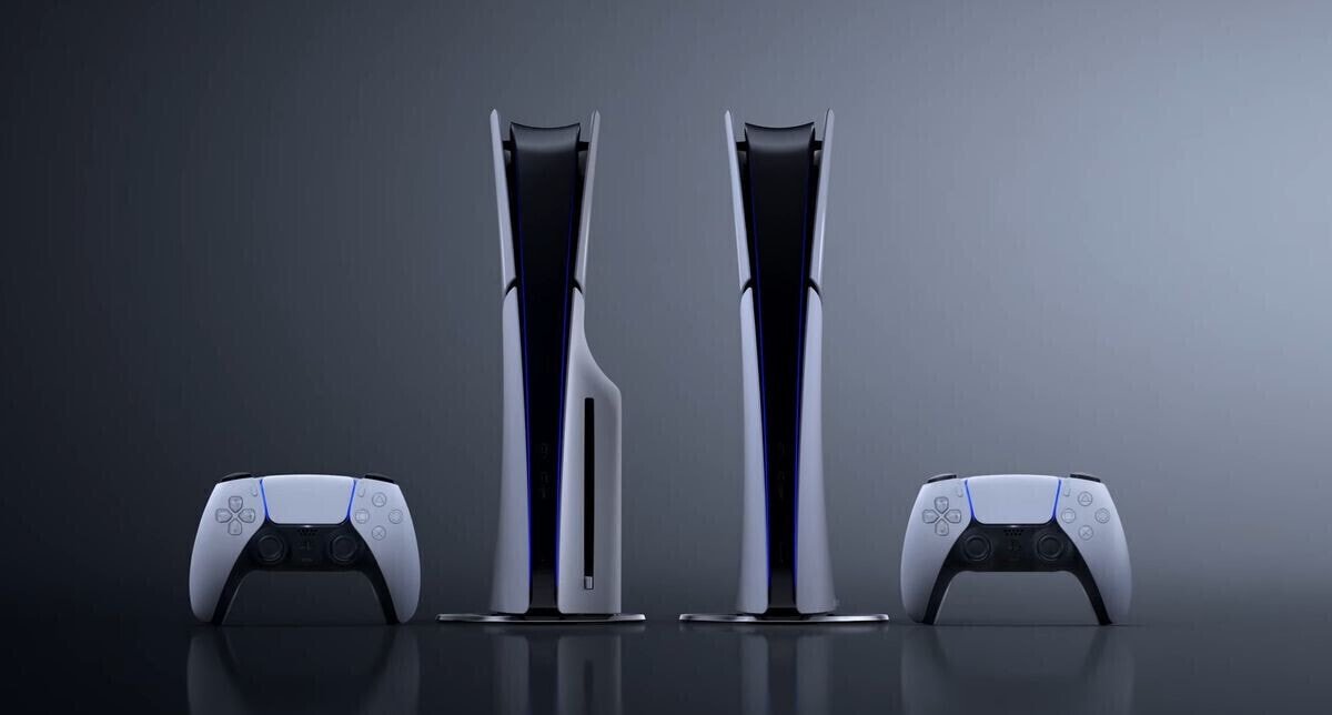 Two PlayStation 5 consoles standing upright on a dark glossy surface with white DualSense controllers on either side
