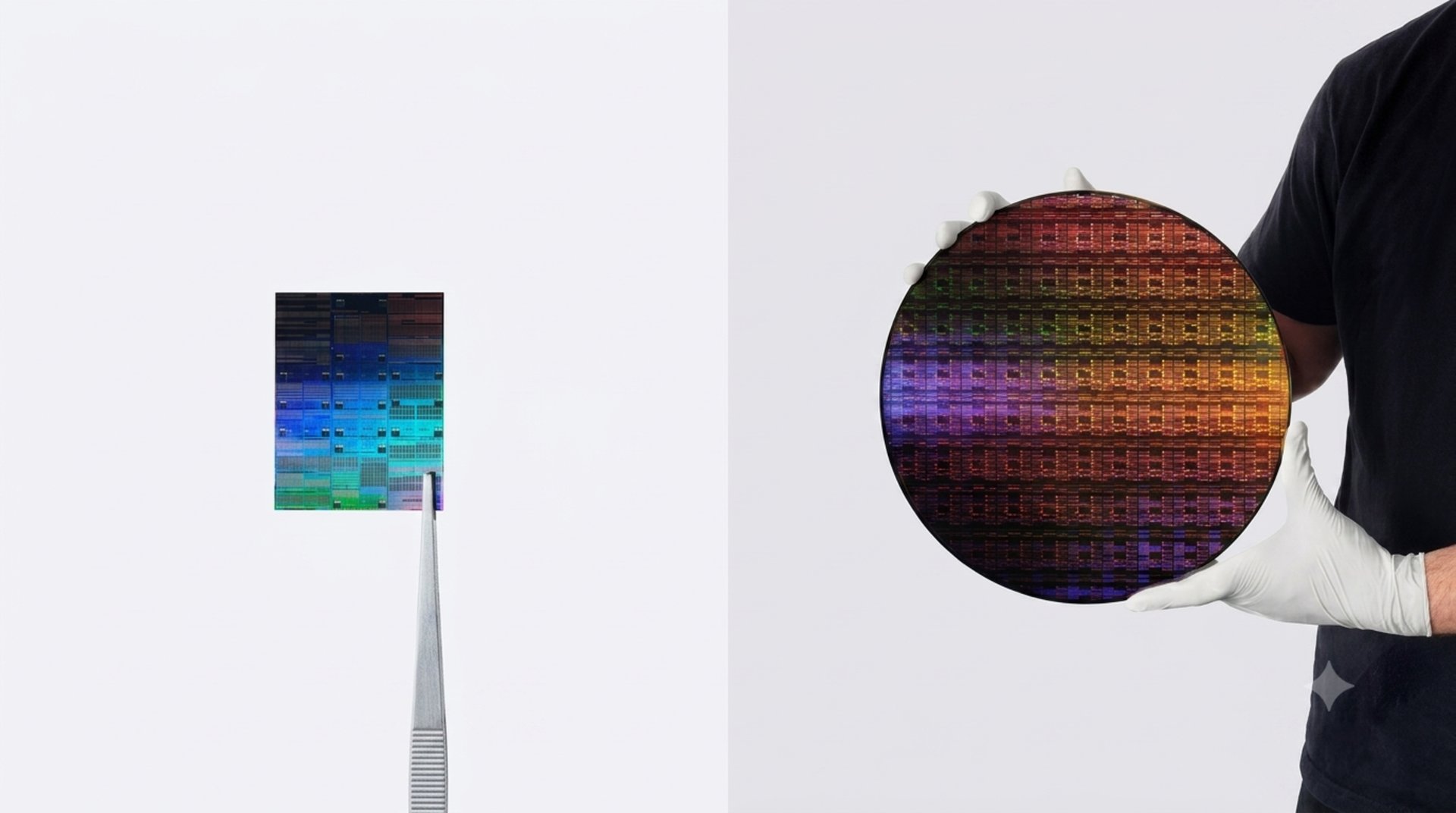 Large rainbow colored semiconductor wafer held by gloved hands with a small chip on a tweezer nearby
