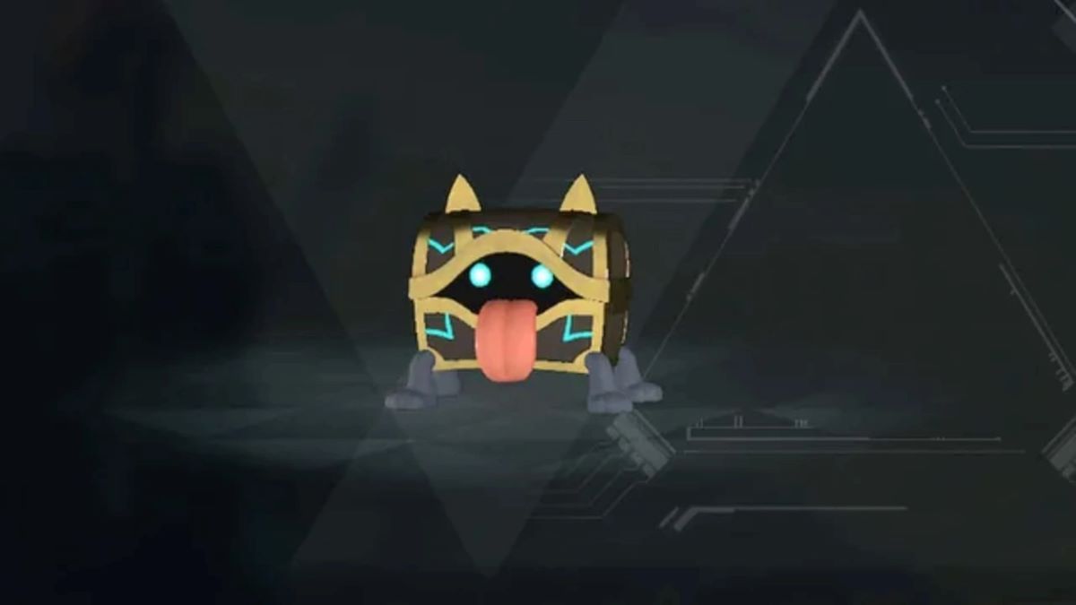 Cartoon cube like creature wearing gold armor with glowing blue eyes sticking out its pink tongue in a dark sci fi background