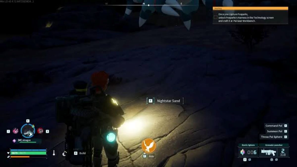 Character in a backpack suit at night on rocky ground holding a glowing tool HUD with health bars and icons visible