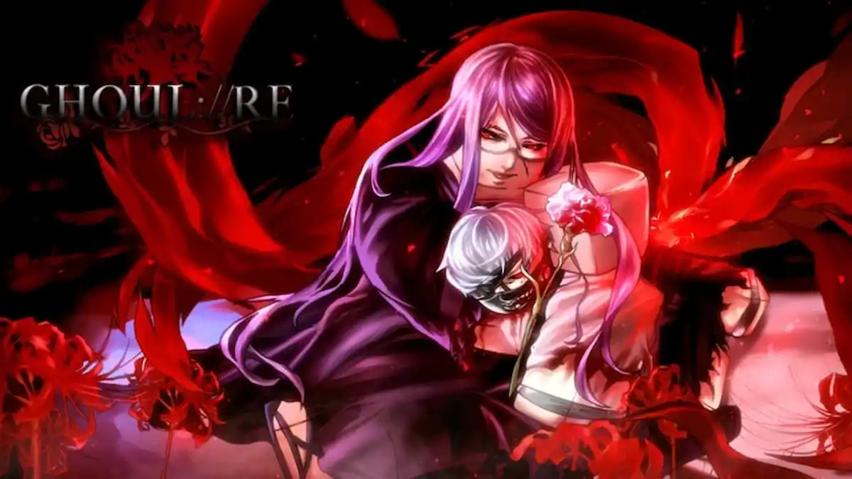 Two anime style characters embrace in a dark red swirl of petals one with purple hair cradling a whitehaired companion with GHOULRE text in the corner