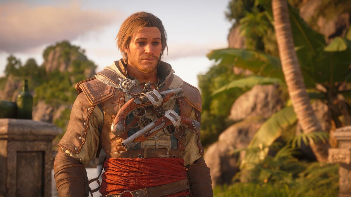 Fantasy adventurer in weathered leather armor with crossed blades on the chest standing in a sunlit tropical setting with palm trees and rocks