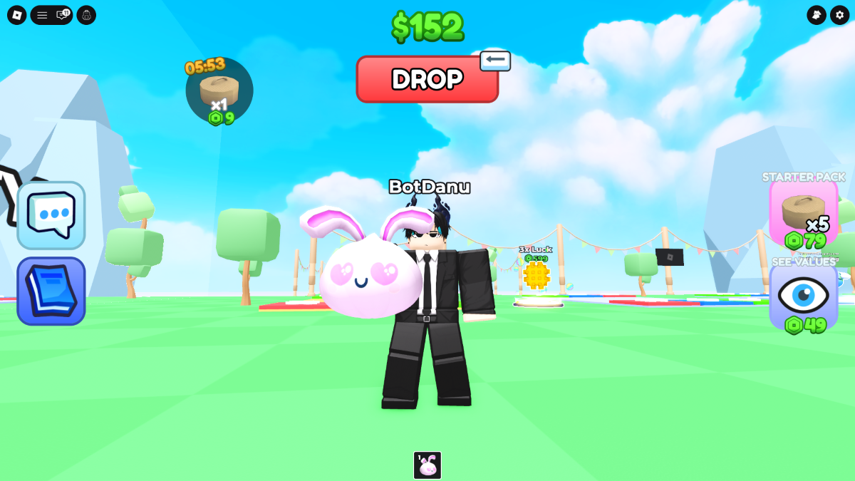 Avatar in black suit holding a pink bunny pet on a bright Roblox like game map with a red DROP button above and HUD elements around the screen including $152 and a see values panel on the right