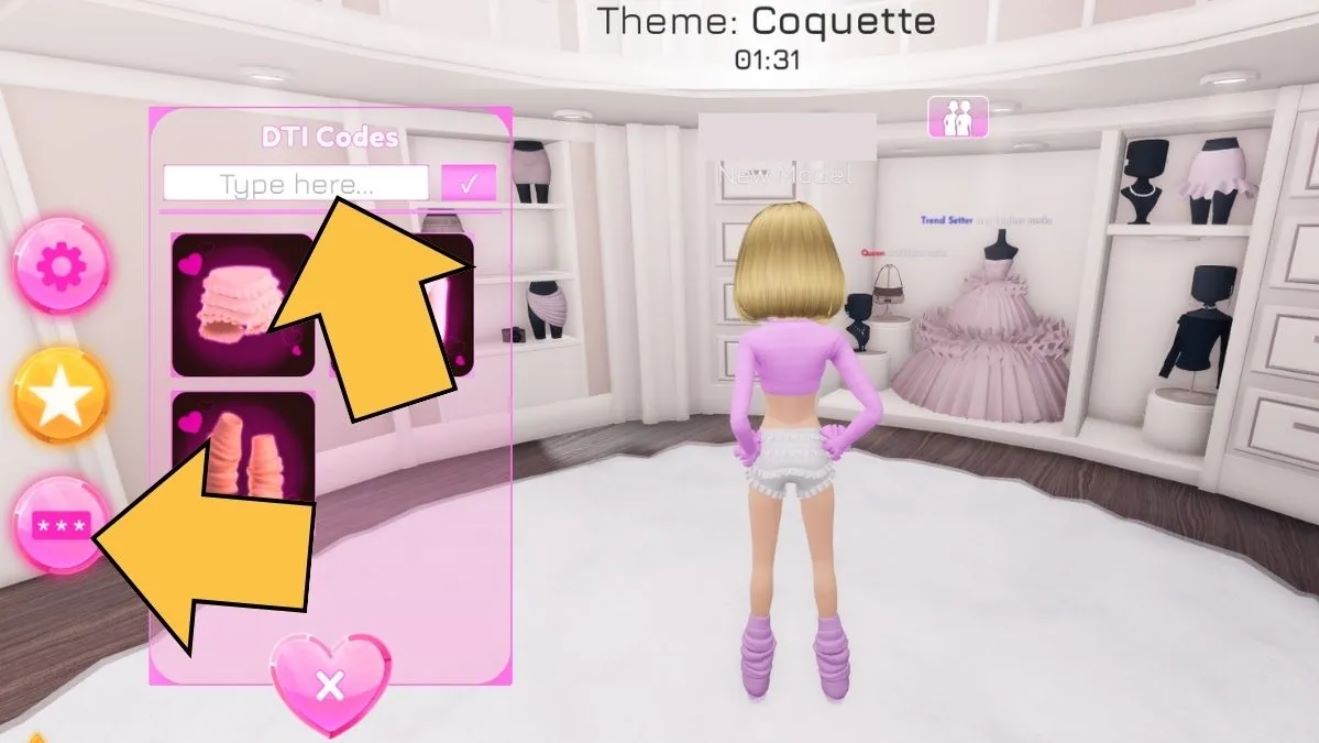 Кнопка в виде сумочки с надписью CODE в левой части экрана игры Dress To Impress