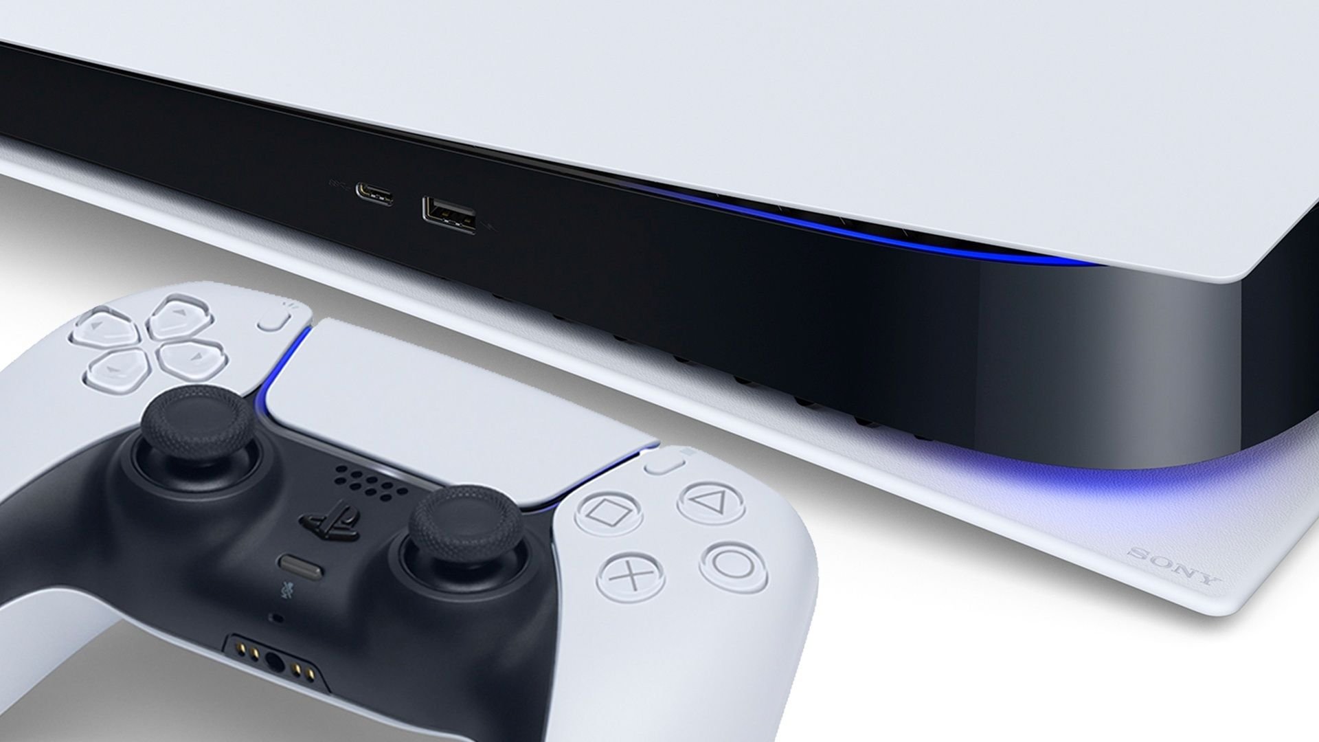 PlayStation 5 console with two wireless controllers in white and black front USB ports visible and blue light glow nearby