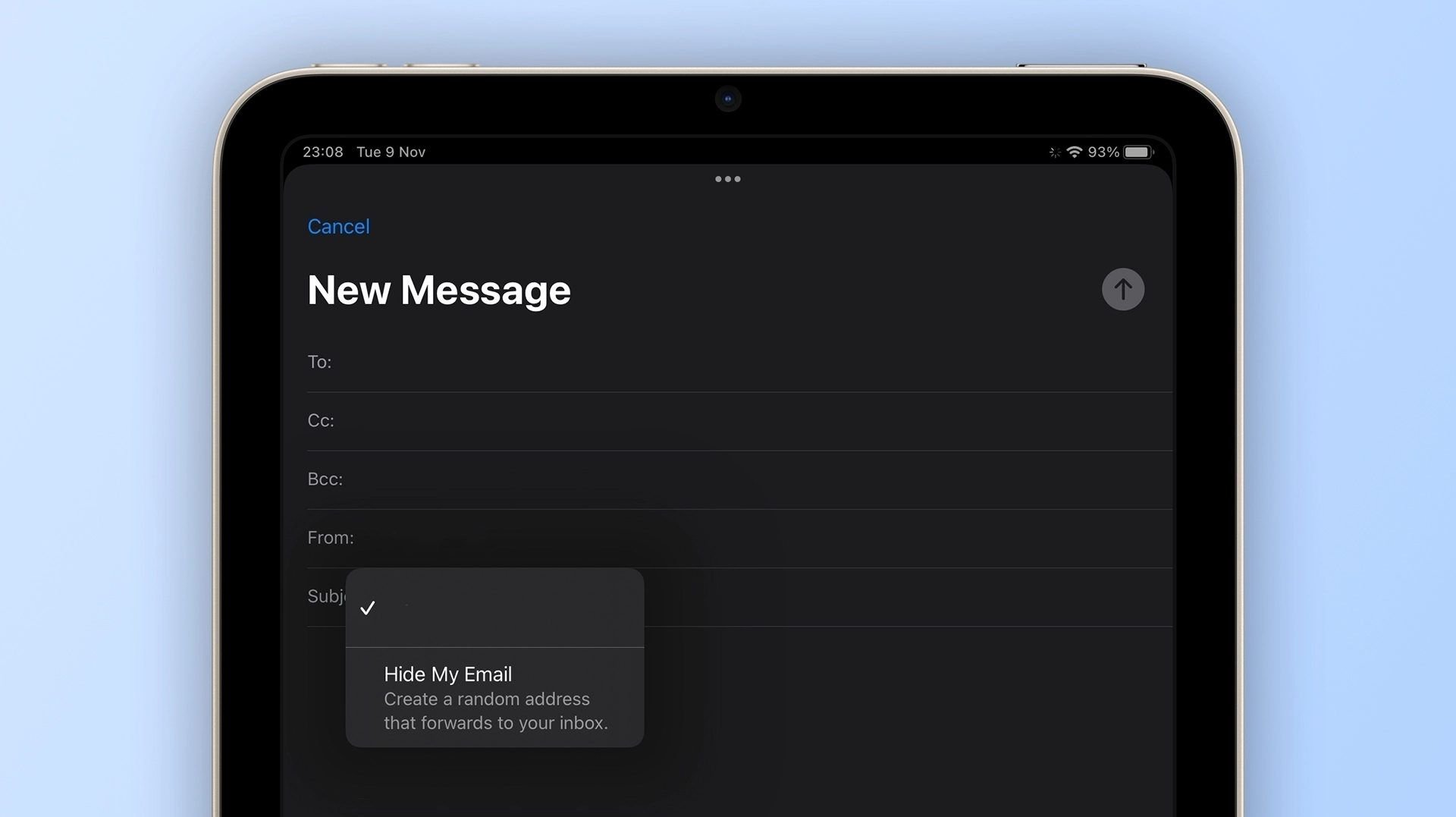 Dark mode iPhone Mail draft screen titled New Message with ToCcBcc fields and a floating Hide My Email card nearby
