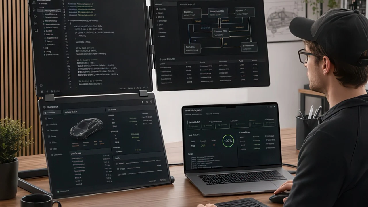 Person seated at a desk with multiple monitors displaying dark dashboards and code monitoring a complex workstation setup