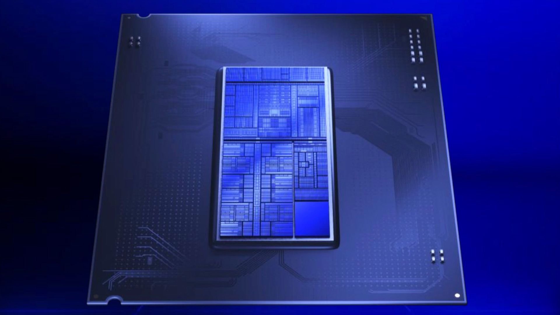 Close up of a blue toned microprocessor with intricate circuitry on a dark circuit board background