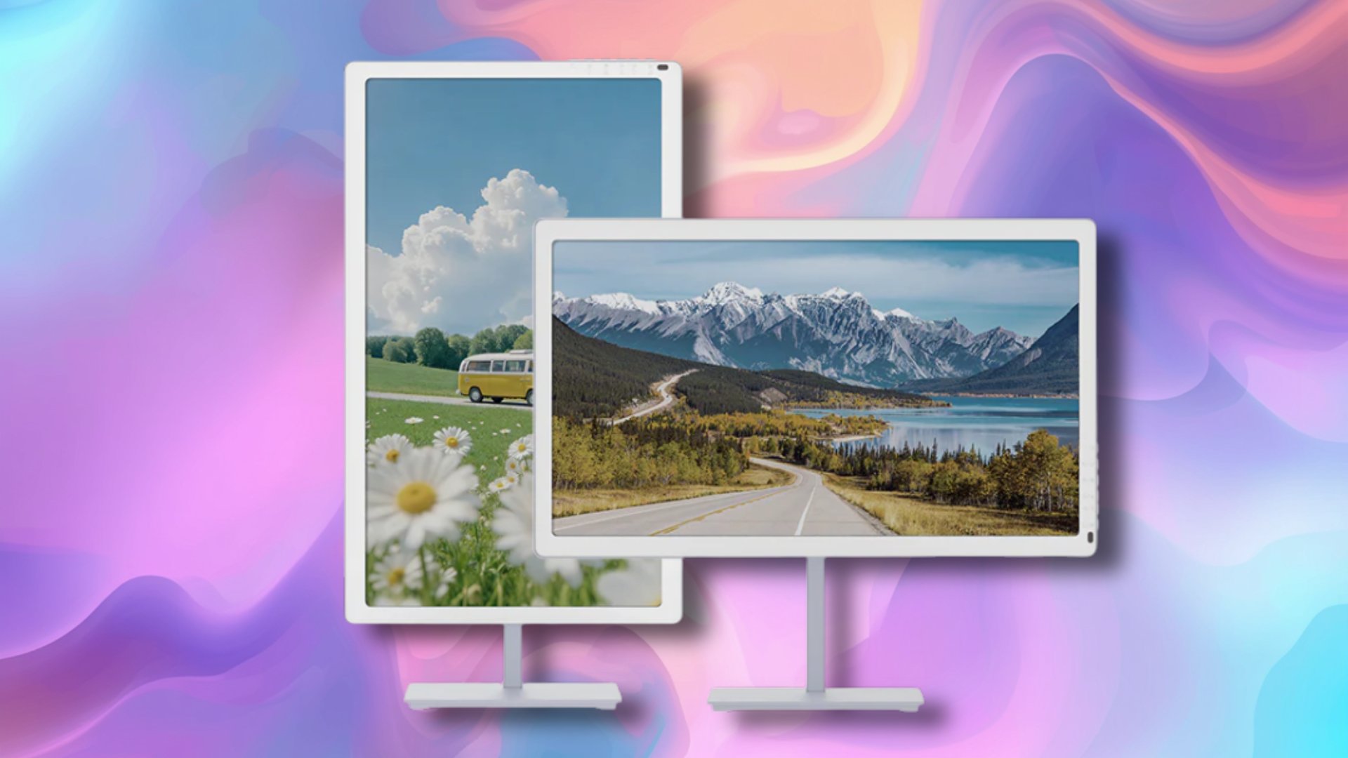 Two white monitor frames on stands display nature photos a daisies filled meadow with a yellow bus and a mountain lake landscape against a colorful background